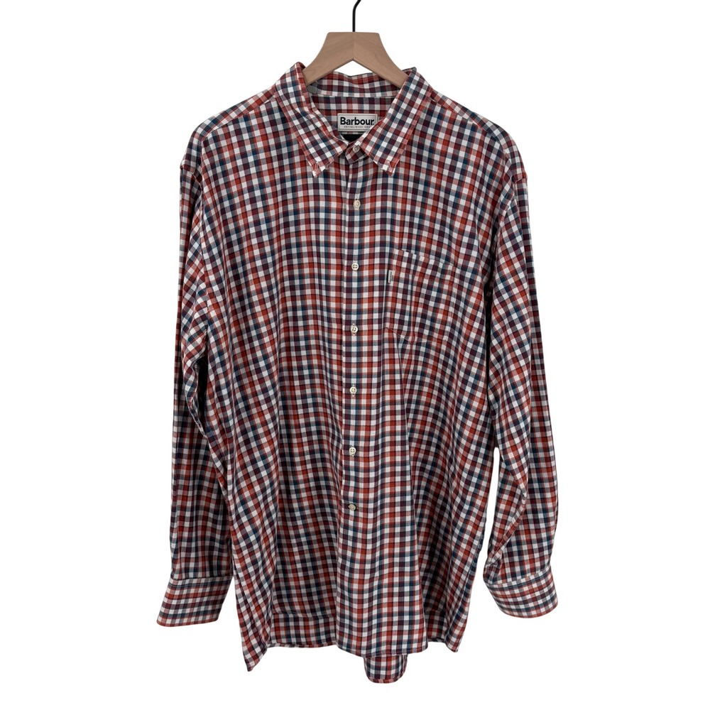 Barbour Mens XL Plaid Button Down Shirt Red Blue Check‎ Long Sleeve Cotton